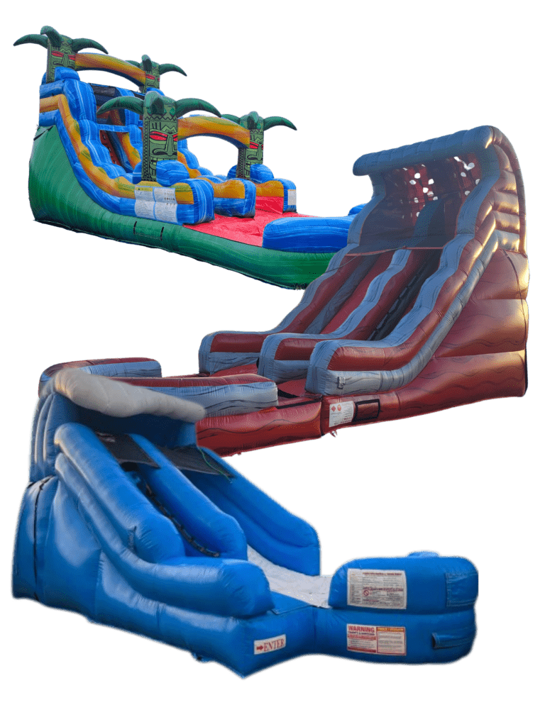 Water slide rentals in Lee County FL by Lee County Bounce Houses featuring dual lane and tropical inflatable slides